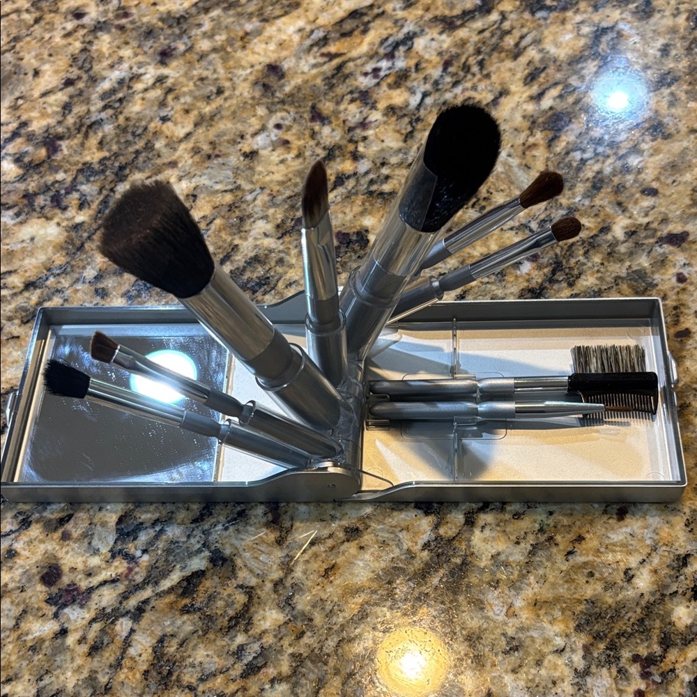 Michael Marcus Silver Compact Women's Makeup Brush Set with Mirror